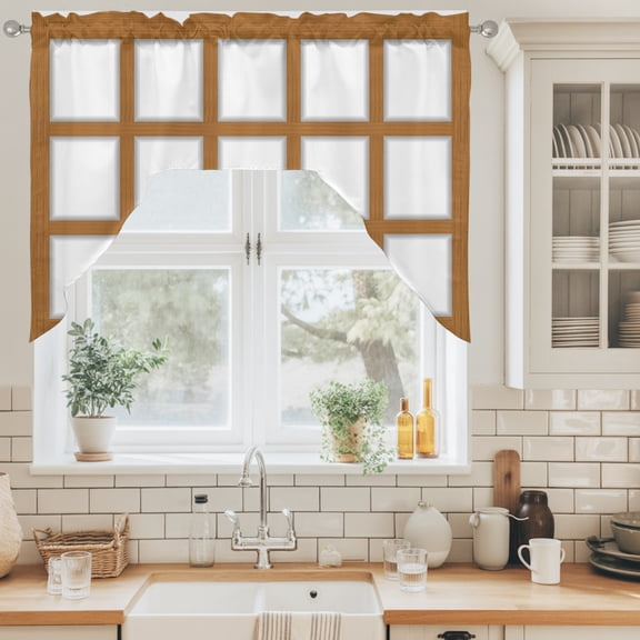 Shoji Screen Swag Curtain Valance for Windows, Japanese Style Light Oak Wood Texture Swag Curtains Drapes Rod Pocket for Kitchen Bathroom Small Window, 1 Panel 56x36in