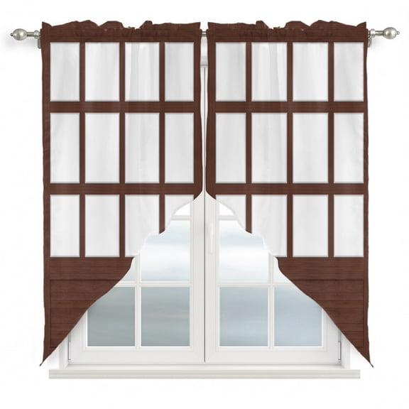 Shoji Screen Swag Valances for Windows 2 Pack Japanese Style Dark Brown Wood Texture Swag Kitchen Curtains 36 Inches Long Rod Pocket Short Window Treatment for Kitchen Bathroom 28"x36"