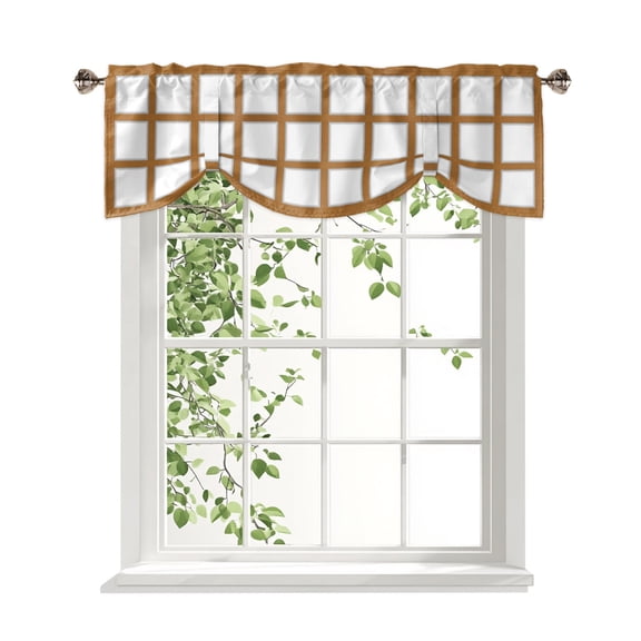 Shoji Screen Tie Up Valances Curtain, Japanese Style Light Oak Wood Texture Adjustable Rod Pocket Window Treatment Short Tie Up Curtains Valances for Kitchen Living Room Bathroom 42x12 Inches
