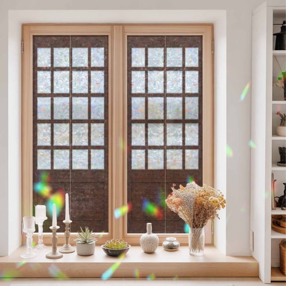 Shoji Screen Window Privacy Film Japanese Style Dark Brown Wood Texture Static Cling Stained Glass Window Film Non-Adhesive Decorative Decals Rainbow Sticker 29.5"X78.7"