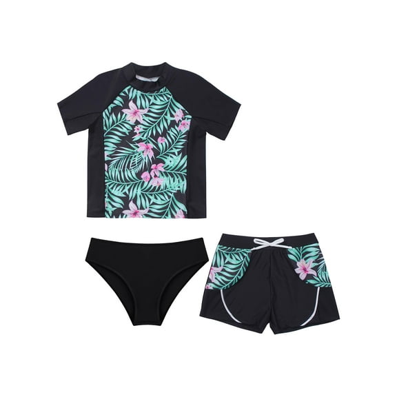 Sholeno 3Pcs Girls Rash Guard Swimsuit Quickly Dry Bathing Suit Beach Sports Swimwear Tankinis Set Black 8