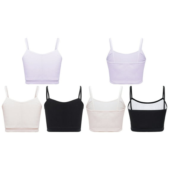 Sholeno 3Pcs/Set Kids Girls Ribbed Bra Vest Spaghetti Straps Crop Top Solid Color Camisole Underwear Black&Pink&Light Purple L