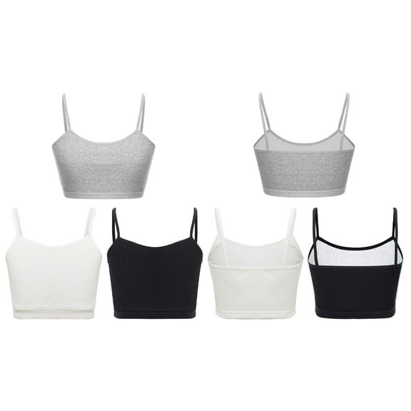 Sholeno 3Pcs/Set Kids Girls Ribbed Bra Vest Spaghetti Straps Crop Top Solid Color Camisole Underwear Black&White&Grey L