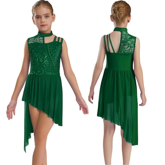 Sholeno Ballet Skirted Leotard for Girls Asymmetrical Lyrical Dance Dress Ballroom Bodysuit Dancing Clothes Green 12