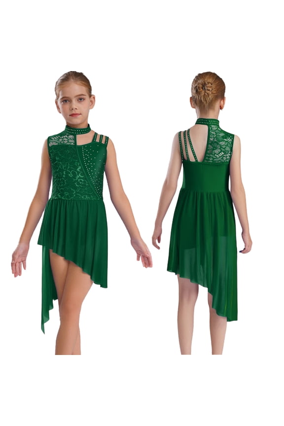 Ballet Skirted Leotard for Girls Asymmetrical Lyrical Dance Dress Ballroom Bodysuit Dancing Clothes Green 8