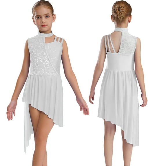 Sholeno Ballet Skirted Leotard for Girls Asymmetrical Lyrical Dance Dress Ballroom Bodysuit Dancing Clothes White 8