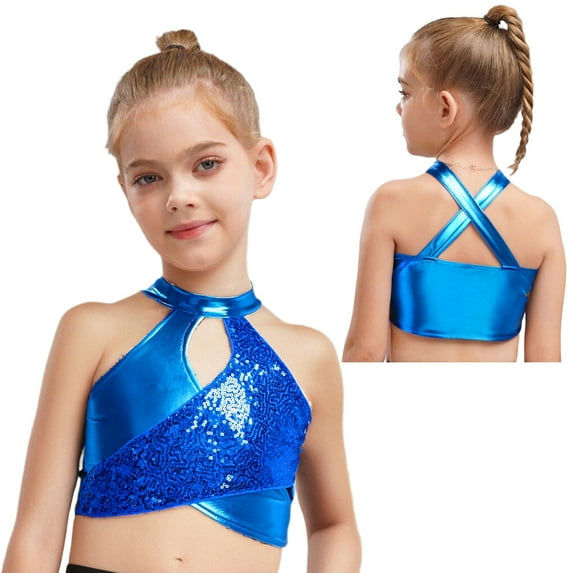 Sholeno Big Girls Jazz Hip Hop Dance Crop Tops Sleeveless Camisole Gymnastics T-Shirt Workout Blue 10
