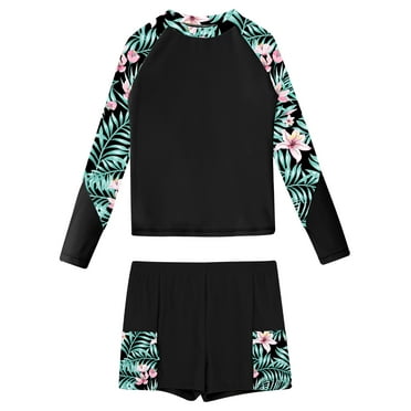 Sholeno Big Girls Long Sleeve Swimsuit Rash Guard Swim Shirts with Shorts Quickly Dry Swimwear Set Black 12