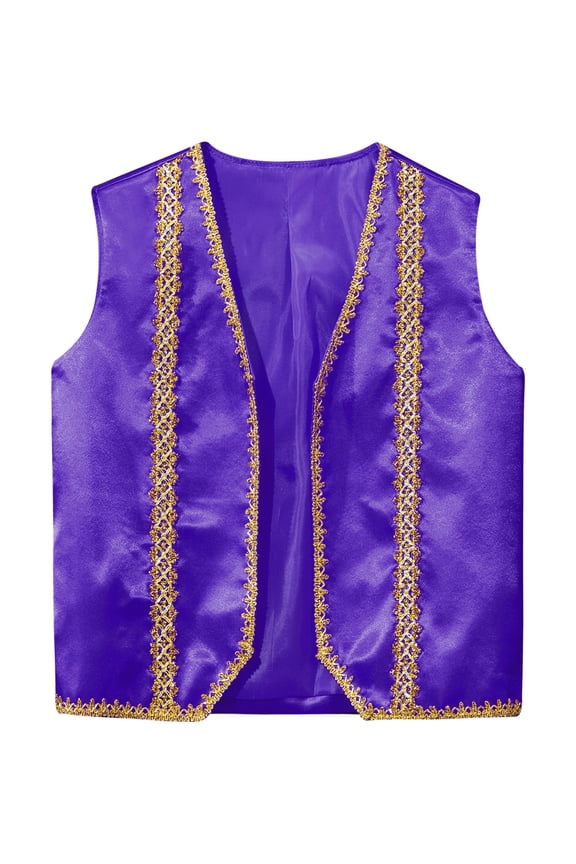 Boys Arabian Prince Vest Kids Halloween Open Front Golden Dressy Waistcoat Party Outfits Purple 6