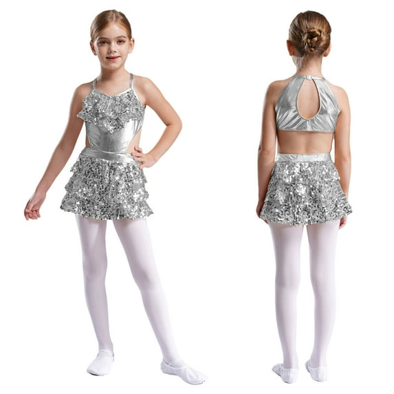 Sholeno Children Girls Gymnastic Bodysuit Latin Jazz Dance Leotard Dress Ballet Dancewear Sequins Jumpsuit Silver 8