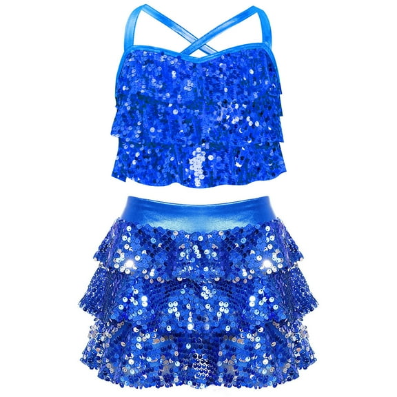 Sholeno Children Girls Sparkly Jazz Hip Hop Dance Clothes Crop Top Camisole Tutu Skirt Cheerleading Uniforms Blue 16