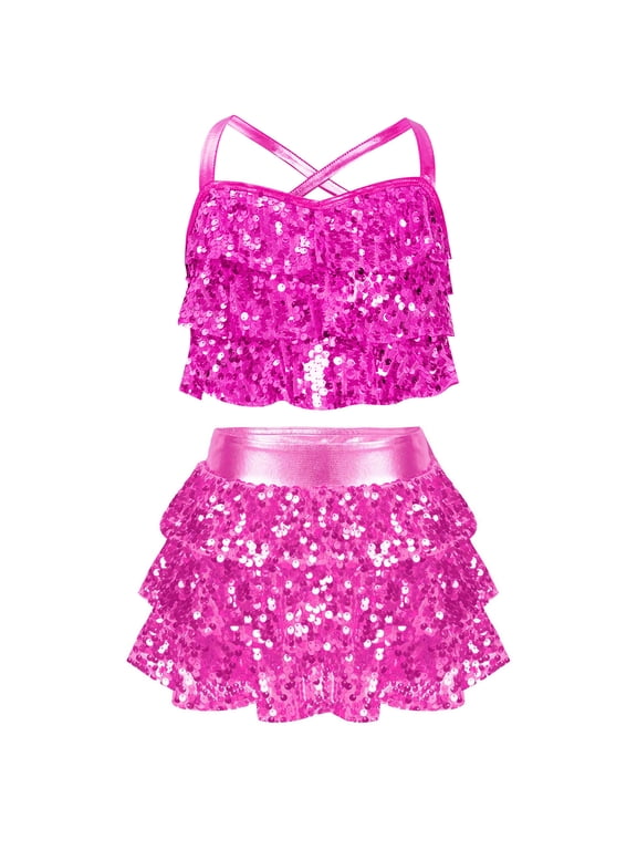 Children Girls Sparkly Jazz Hip Hop Dance Clothes Crop Top Camisole Tutu Skirt Cheerleading Uniforms Hot Pink 6