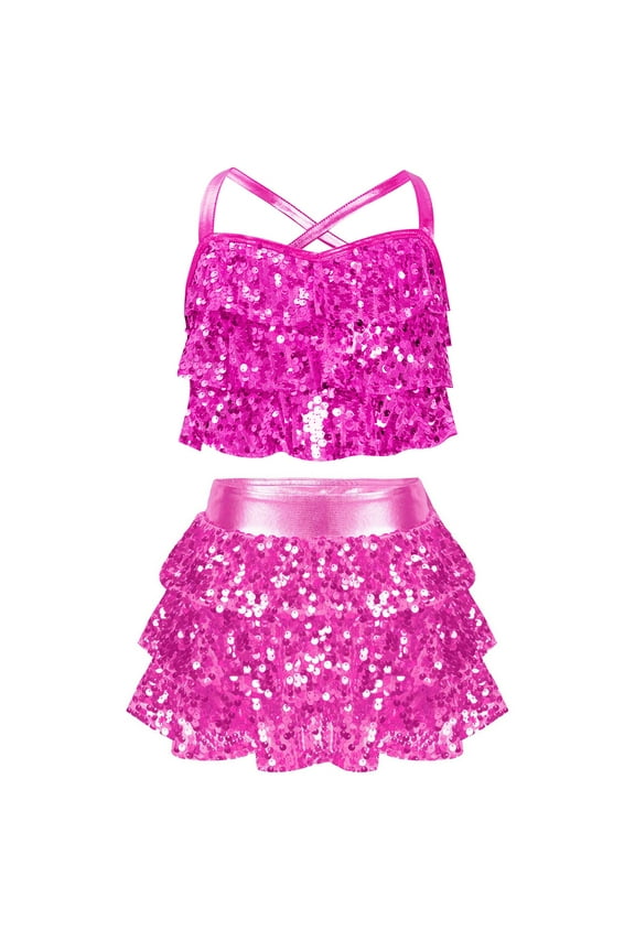 Children Girls Sparkly Jazz Hip Hop Dance Clothes Crop Top Camisole Tutu Skirt Cheerleading Uniforms Hot Pink 6