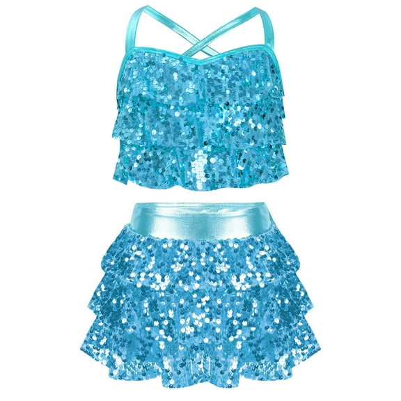 Sholeno Children Girls Sparkly Jazz Hip Hop Dance Clothes Crop Top Camisole Tutu Skirt Cheerleading Uniforms Light Blue 16