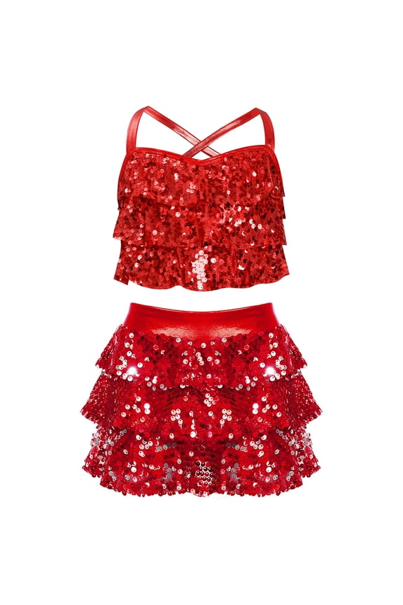 Children Girls Sparkly Jazz Hip Hop Dance Clothes Crop Top Camisole Tutu Skirt Cheerleading Uniforms Red 6