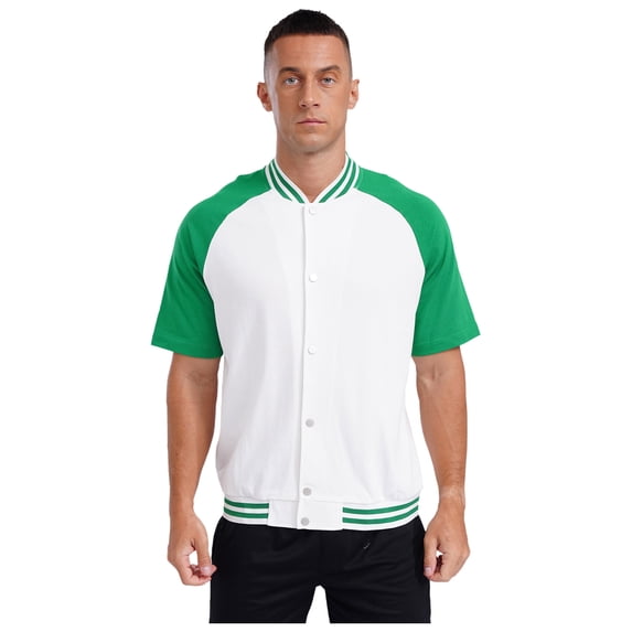 Sholeno Fashion Varsity Jacket for Men Short Sleeve Press Button Baseball Bomber Jackets Casual White&Green L