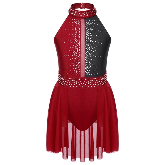 Sholeno Figure Ice Skating Dress for Girls Ballet Lyrical Dance Dress Sleeveless Gymnastic Leotard Burgundy 14