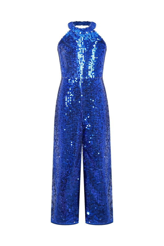 Flower Girl Pageant Sequins Jumpsuits Halter Sleeveless High Waisted Wide Leg Long Romper Royal Blue 6