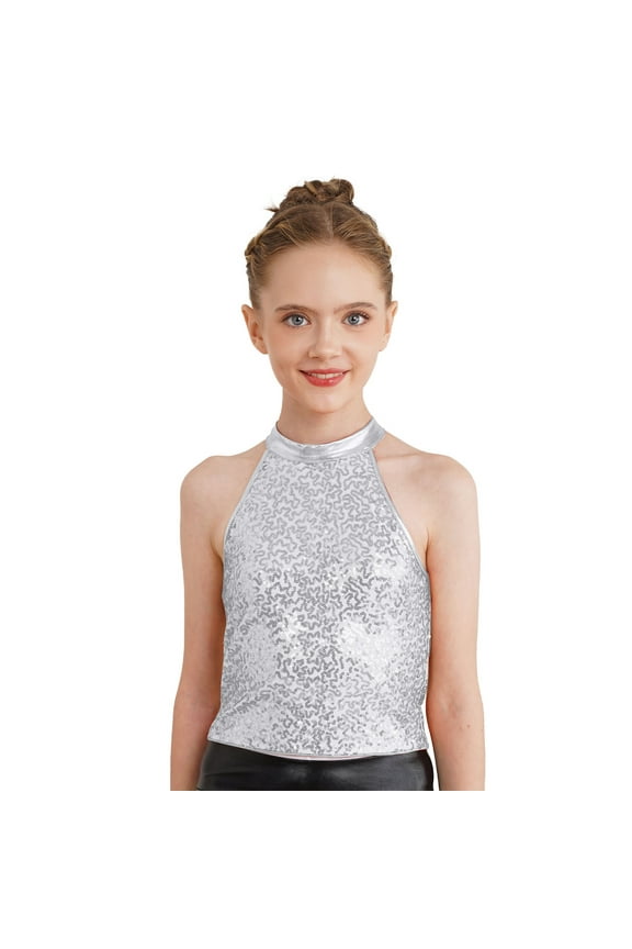 Girl's Glitter Sequins Jazz Ballet Hip Hop Dance Tank Top Sleeveless Halter Neck Vest Silver 10