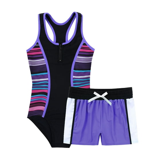 Sholeno Girls 2 Piece Bathing Suit Racer Back Swimsuit with Boyshorts Athletic Swimwear Rash Guard Purple 16