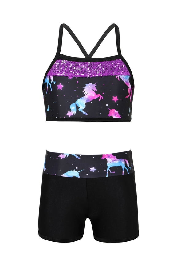 Girls 2 Piece Dance Outfits Sequins Crop Top with Shorts for Ballet Jazz Hip Hop Performance Dark Night Black 4
