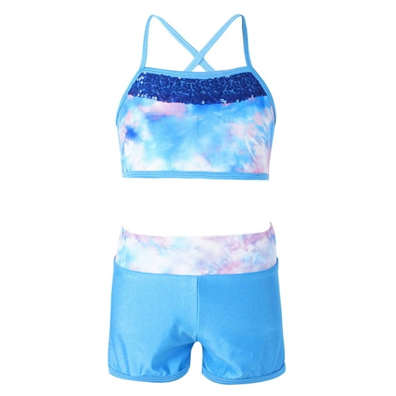 Sholeno Girls 2 Piece Dance Outfits Sequins Crop Top with Shorts for Ballet Jazz Hip Hop Performance Sea Sky Pink 4