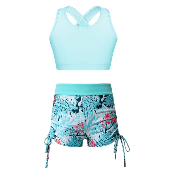 Sholeno Girls' 2Piece Boyshort Tankini Swimsuit Sleeveless Crop Tank Top with Shorts Sets Swimming Light Blue 10