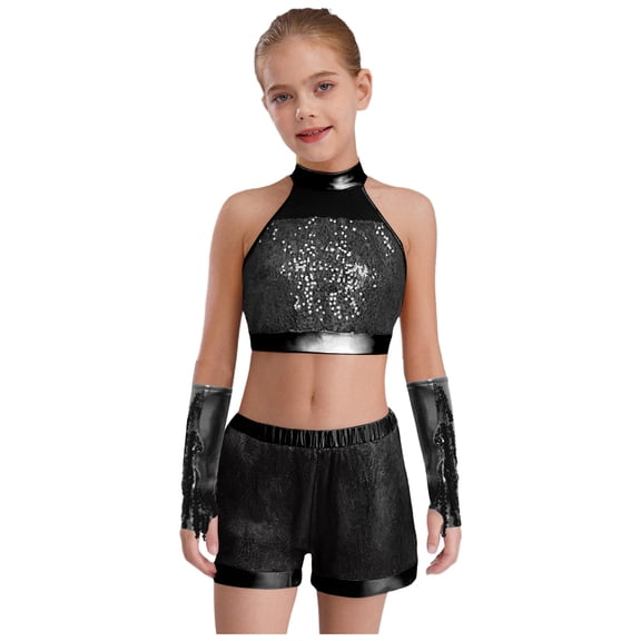Sholeno Girls 3Pcs Dance Set Sequin Crop Top with Shorts Gloves Outfits for Hip Hop Jazz Workout Performance Black 8