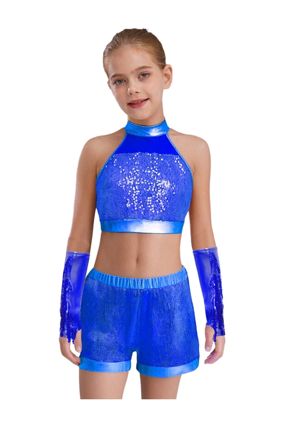 Girls 3Pcs Dance Set Sequin Crop Top with Shorts Gloves Outfits for Hip Hop Jazz Workout Performance Blue 10