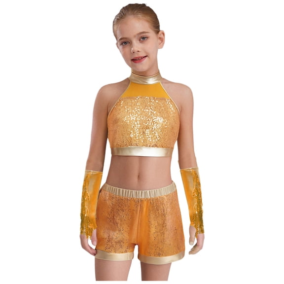 Sholeno Girls 3Pcs Dance Set Sequin Crop Top with Shorts Gloves Outfits for Hip Hop Jazz Workout Performance Gold 6