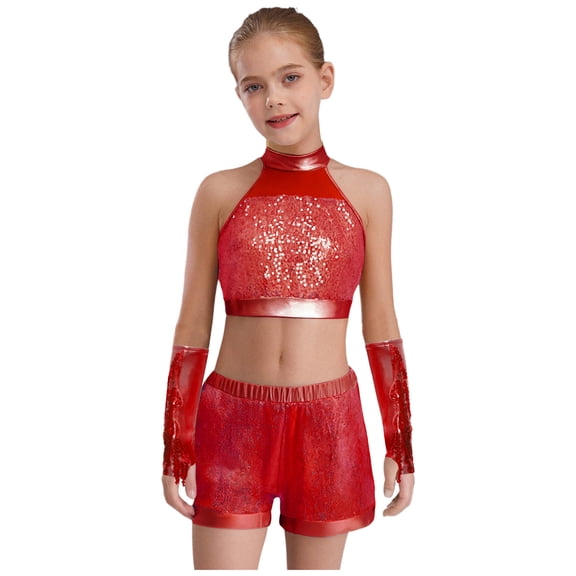 Sholeno Girls 3Pcs Dance Set Sequin Crop Top with Shorts Gloves Outfits for Hip Hop Jazz Workout Performance Red 10