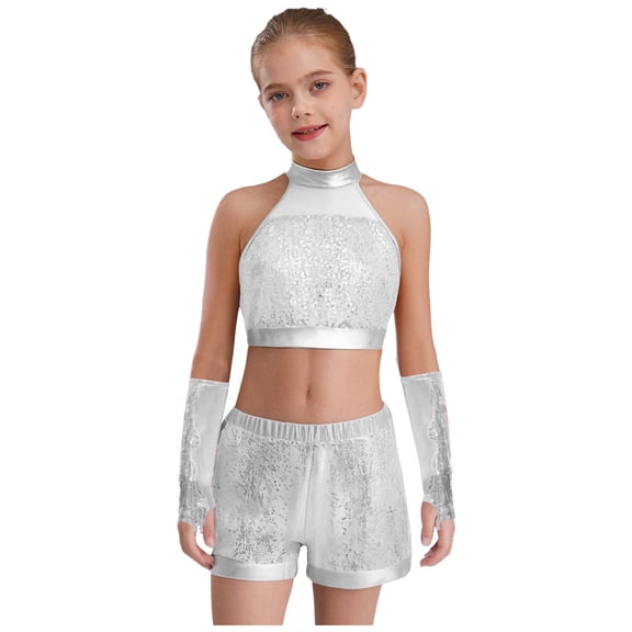 Sholeno Girls 3Pcs Dance Set Sequin Crop Top with Shorts Gloves Outfits for Hip Hop Jazz Workout Performance Silver 6