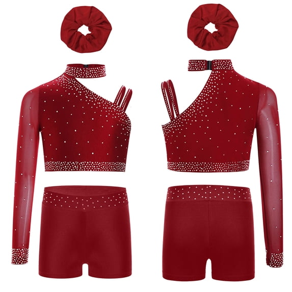 Sholeno Girls Athletic Workout Suit Gymnastics Crop Top with Shorts Hairband Dance Tumbling Outfit Burgundy 10