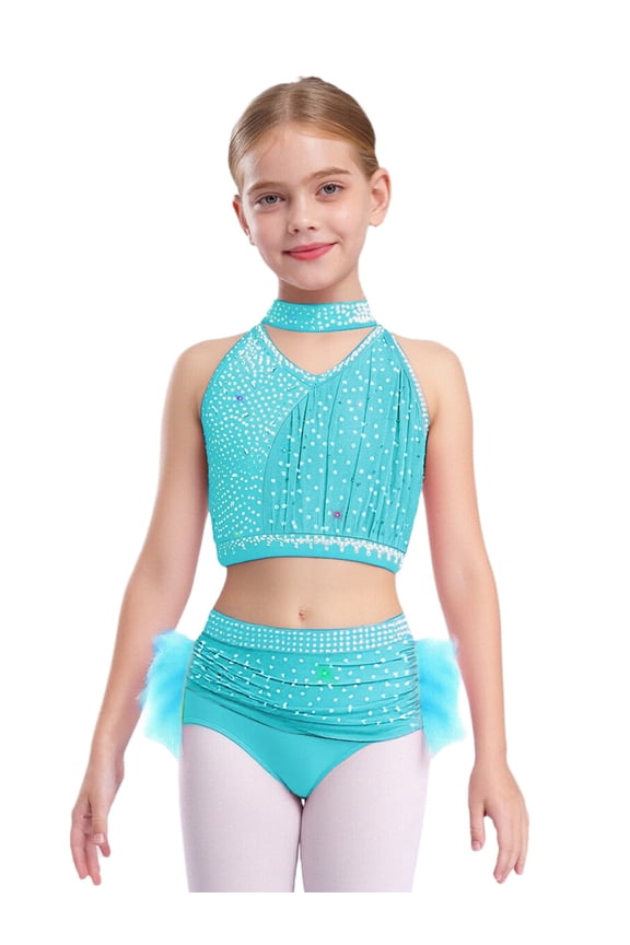 Girls Ballet Lyrical Dance Set Cross Back Rhinestones Crop Top with Feather Briefs Skirt Suit Blue Green 6