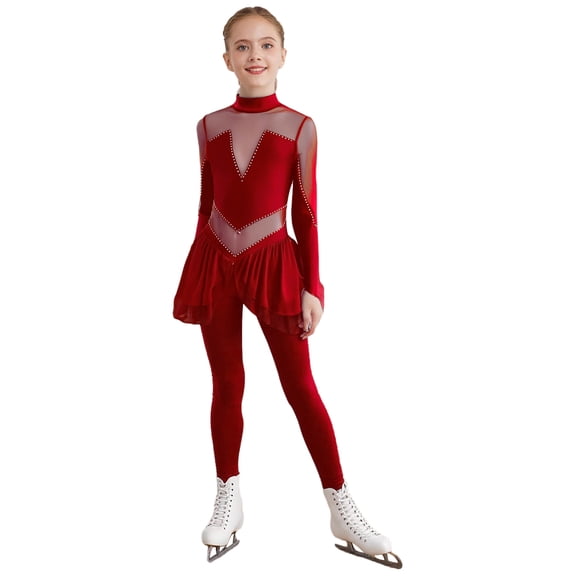 Sholeno Girls Full Body Figure Skating Jumpsuit Long Sleeve Mesh Skirted Gymnastics Dance Leotard Burgundy 16