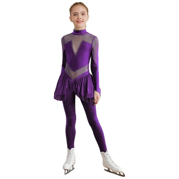 Sholeno Girls Full Body Figure Skating Jumpsuit Long Sleeve Mesh Skirted Gymnastics Dance Leotard Purple 16