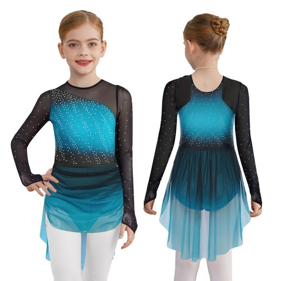 Sholeno Girls Gradient Color Figure Skating Dress Rhinestone Shiny Mesh Long Sleeve Dance Dresses Blue Green 6