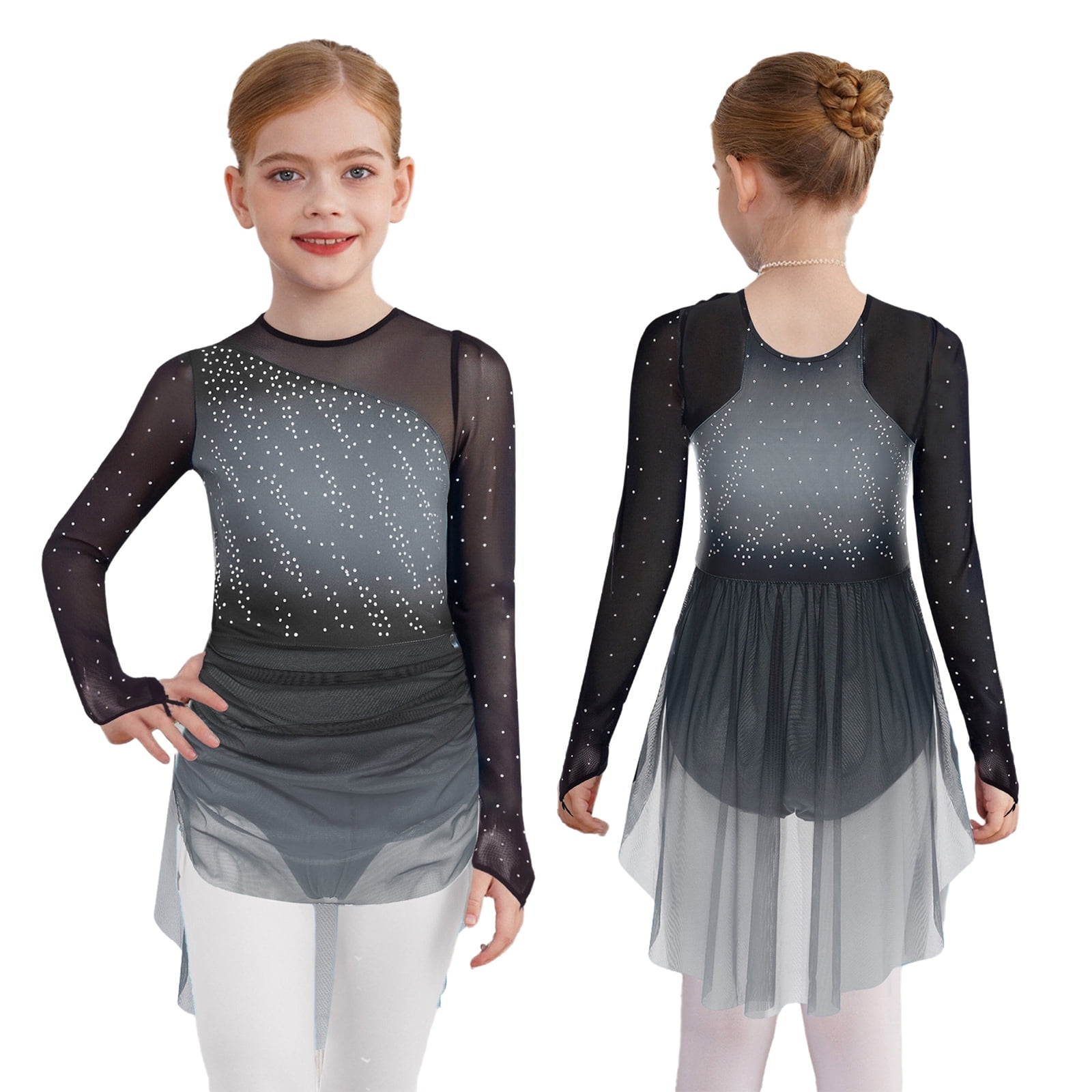 Sholeno Girls Gradient Color Figure Skating Dress Rhinestone Shiny Mesh  Long Sleeve Dance Dresses Grey 10 - Walmart.com