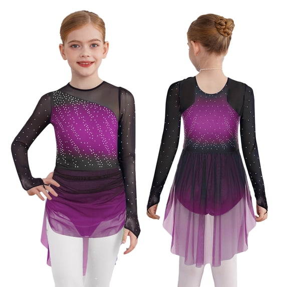 Sholeno Girls Gradient Color Figure Skating Dress Rhinestone Shiny Mesh Long Sleeve Dance Dresses Purple 6