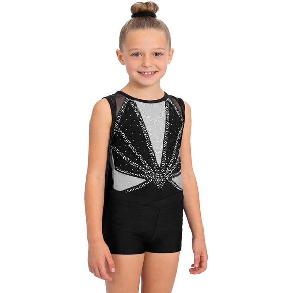 Sholeno Girls Gymnastics Dance Leotard Sets Tumbling Skating Workout Outfit with Shorts Hairband Storage Bag Black Silver 8