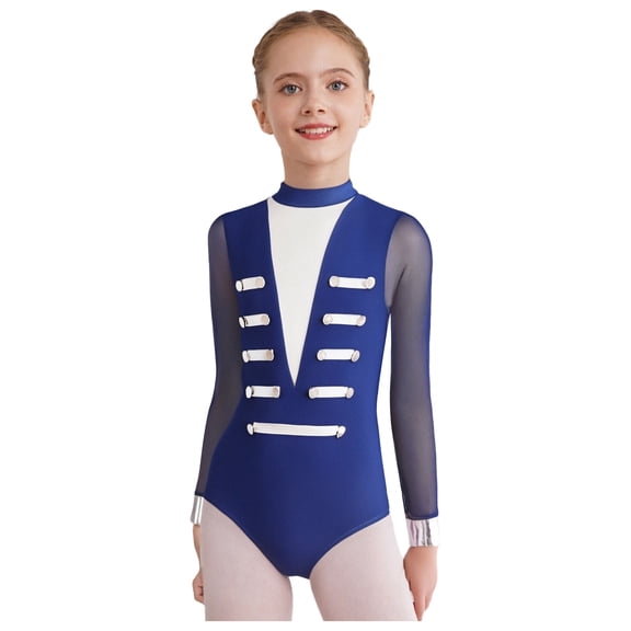 Sholeno Girls Gymnastics Leotard Metallic Button Mesh Long Sleeve Ballet Dance Performance Bodysuit Navy Blue 14