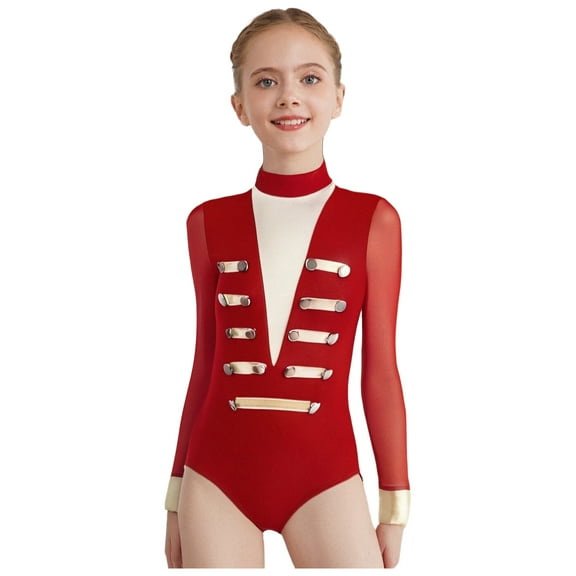 Sholeno Girls Gymnastics Leotard Metallic Button Mesh Long Sleeve Ballet Dance Performance Bodysuit Red 12