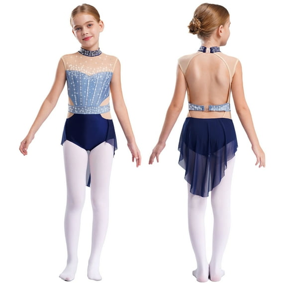 Sholeno Girls Gymnastics Leotards Bodysuits Ballerina Dance Costume Sparkle Sleeveless Backless Jumpsuits Blue&Navy Blue 12
