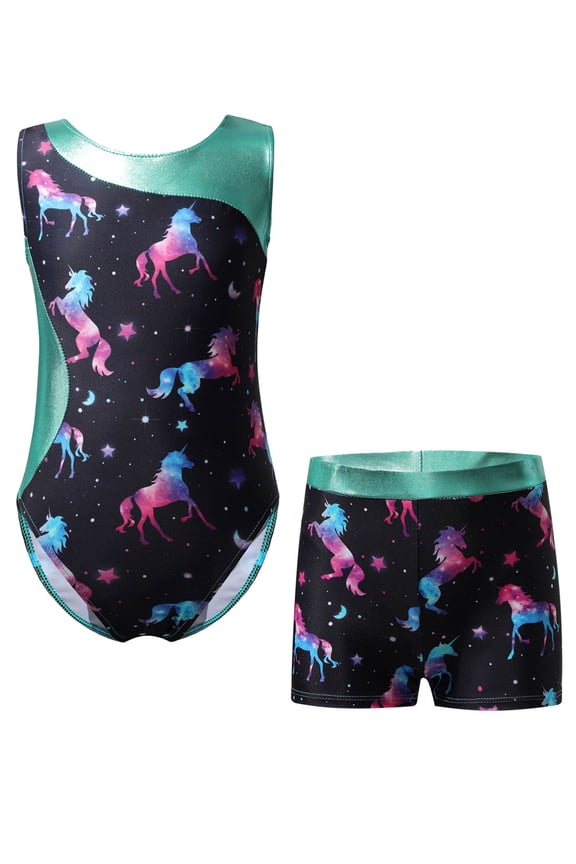 Girls Gymnastics Leotards Matching Shorts Set 2 Piece Dance Tumbling Bodysuits Activewear Dark Night 4