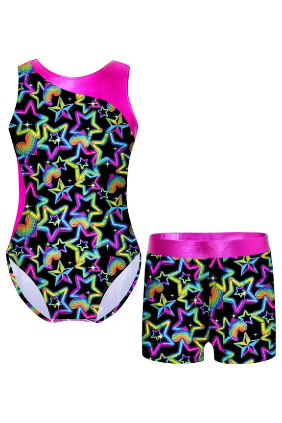Girls Gymnastics Leotards Matching Shorts Set 2 Piece Dance Tumbling Bodysuits Activewear Pentagram Black 12