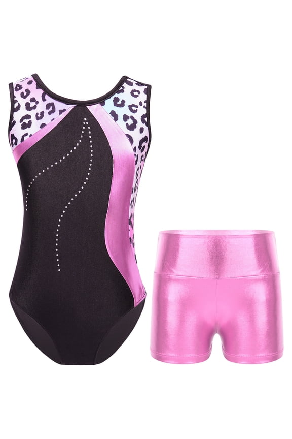 Girls Gymnastics Leotards One-piece Sleeveless Dance Unitards Matching Shorts Set Activewear Leopard 6