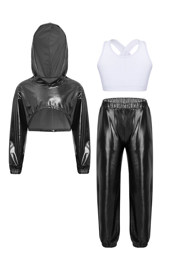 Girls Hip Hop Jazz Dance Outfit Metallic Cropped Hoodie+Tank Top+Pants Disco Party Streewear Black White 6