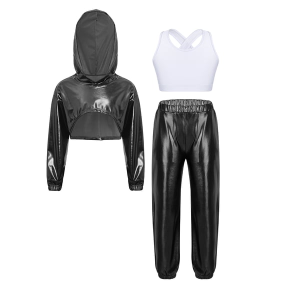 Sholeno Girls Hip Hop Jazz Dance Outfit Metallic Cropped Hoodie Tank Top Pants Disco Party Streewear Black White 8