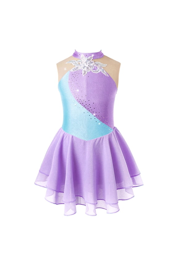 Girls Ice Skating Sleeveless Shiny Leotard Dance Dress Tutu Skirt for Competition Performance Lavender 8
