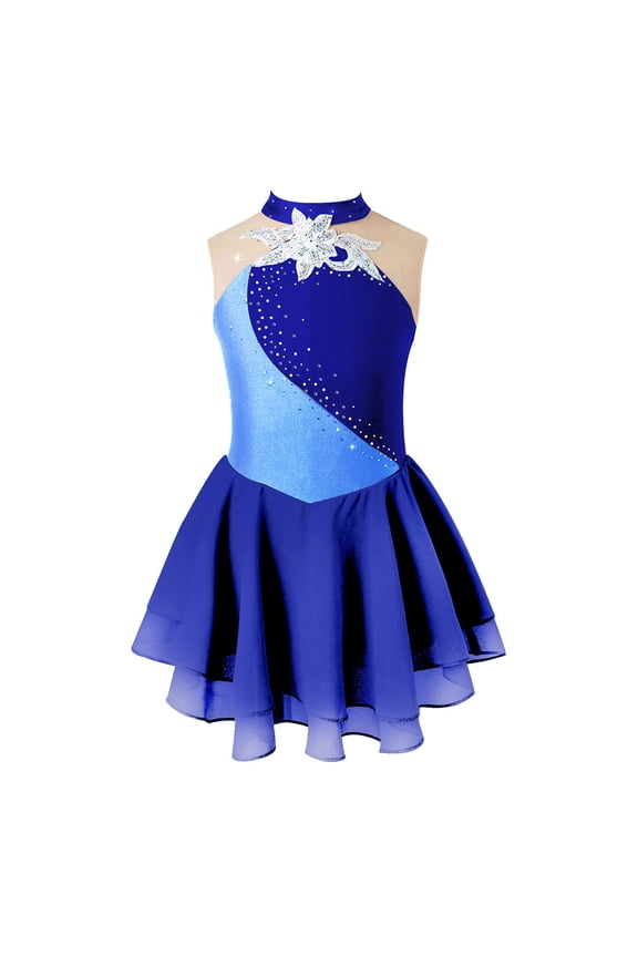 Girls Ice Skating Sleeveless Shiny Leotard Dance Dress Tutu Skirt for Competition Performance Navy Blue 10